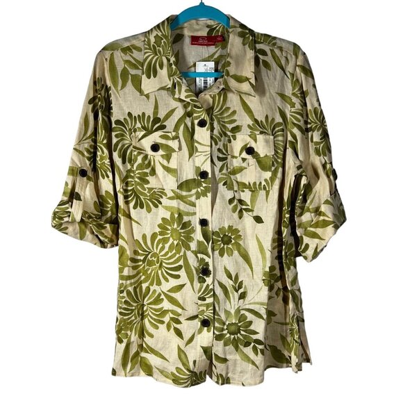 Oscar de la Renta Women Print Linen Short Sleeve Button Front Blouse tropical L‎ - Picture 1 of 5